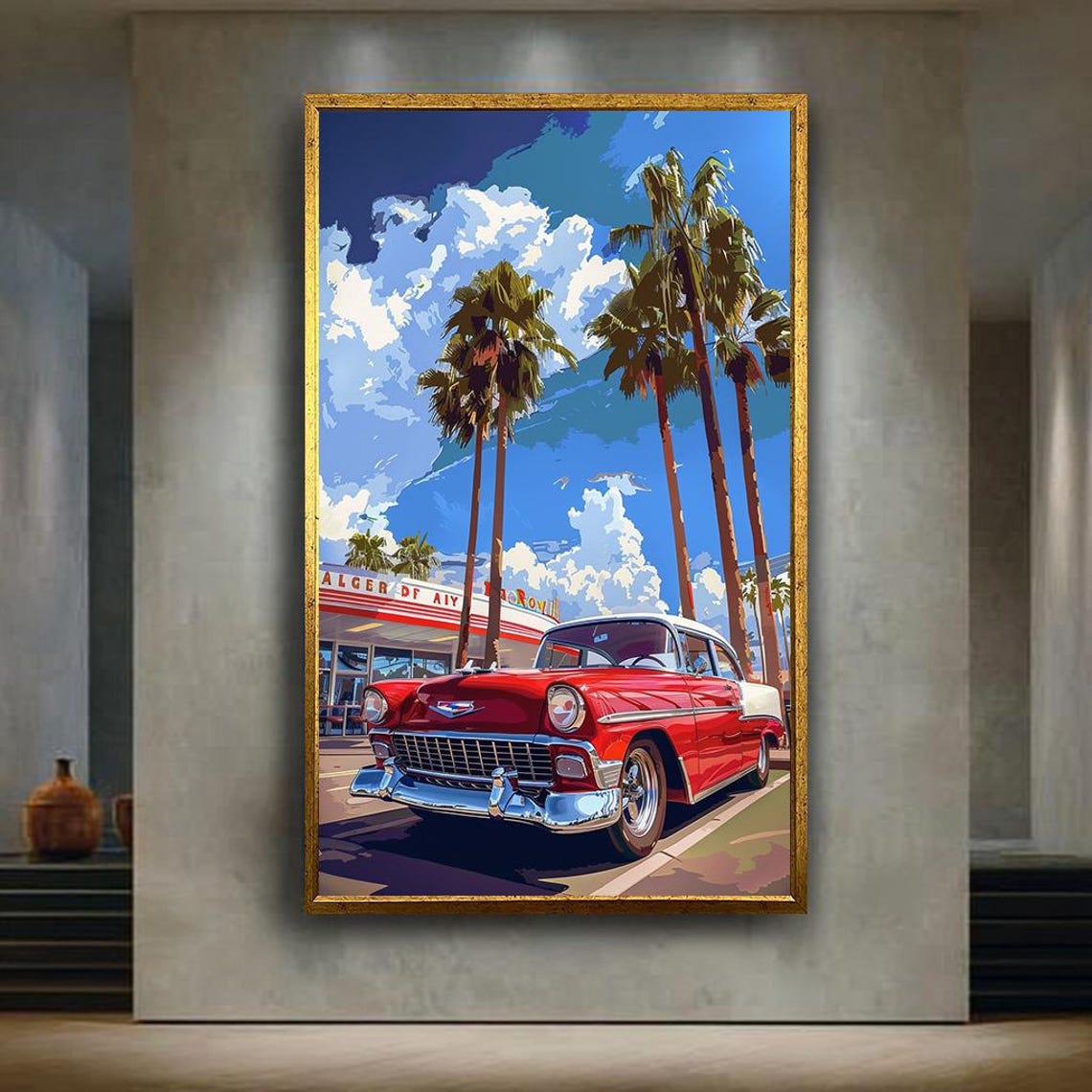 Retro Red Chevy Classic Car At Diner Palm Trees 1950s Style Poster