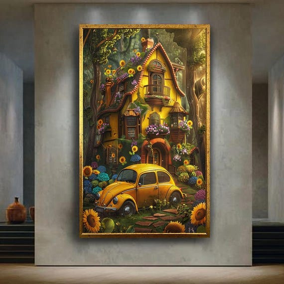 Fairy Tale Cottage Canvas Wall Art Enchanted Yellow House With Flowers And Vintage Car Whimsical Fantasy Print For Cozy Decor