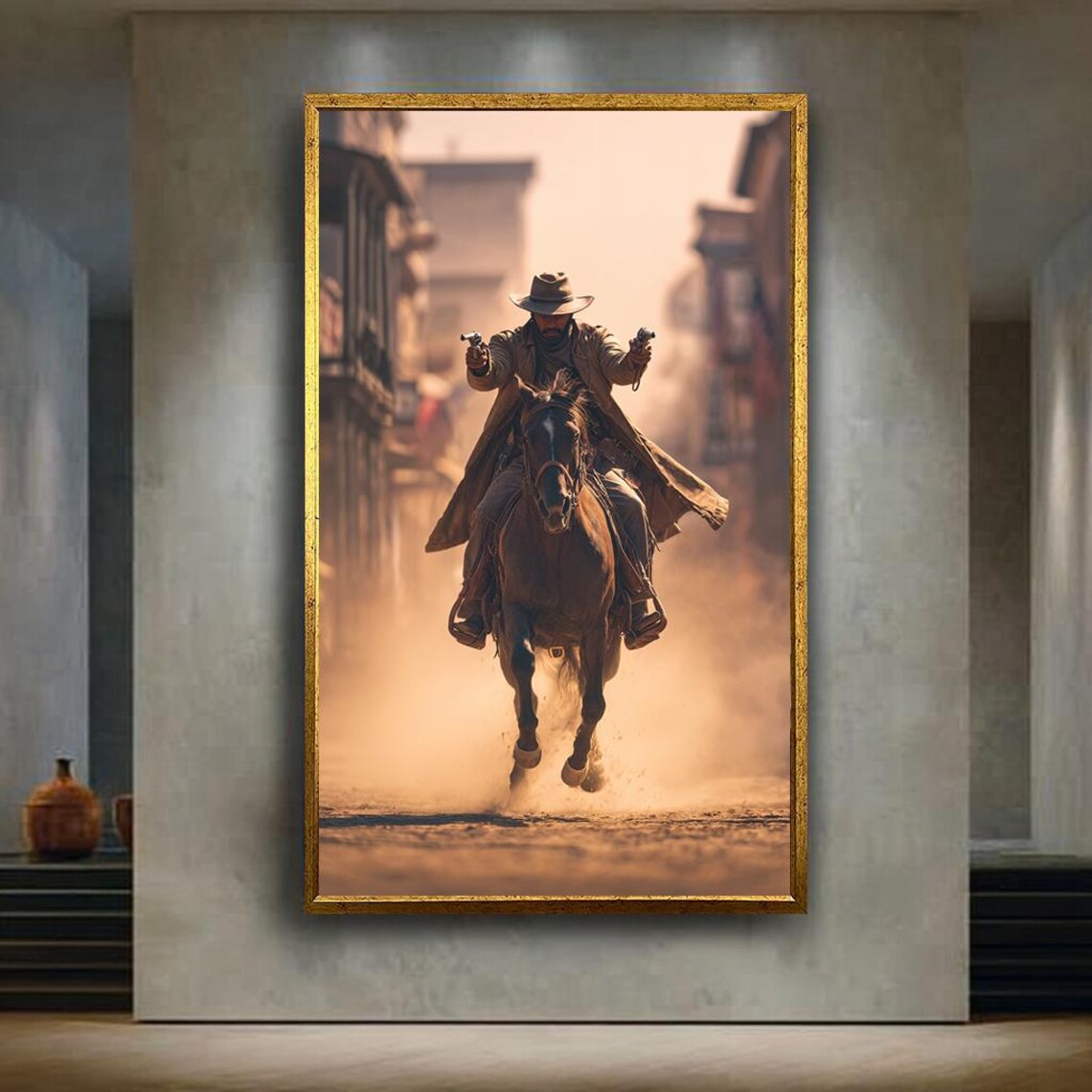 Gunslinger Cowboy Riding Horse Through Dusty Western Town Poster