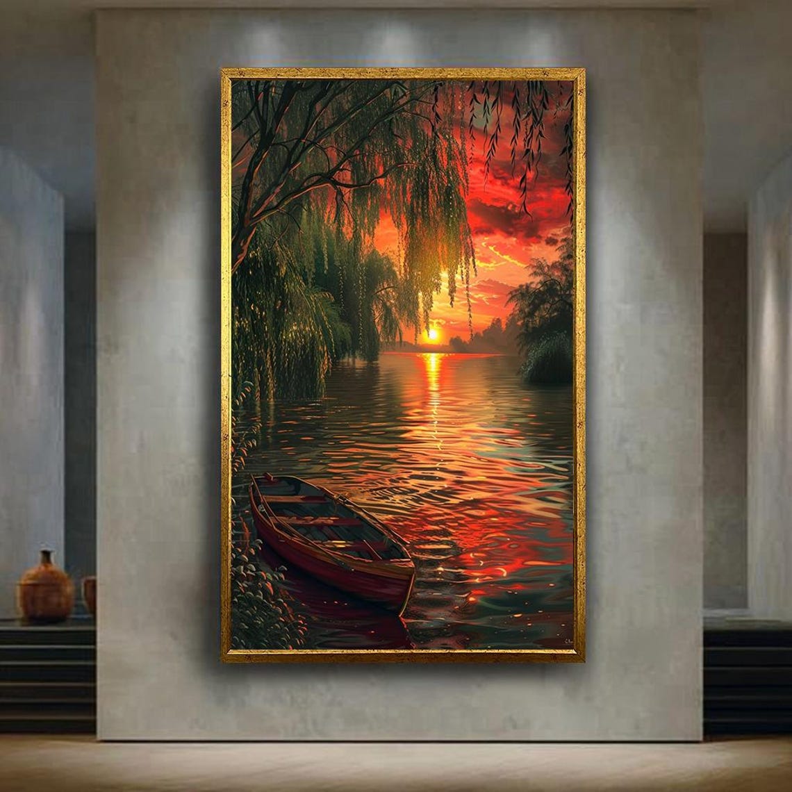 Sunset River Rowboat Weeping Willow Golden Lake Reflection Poster
