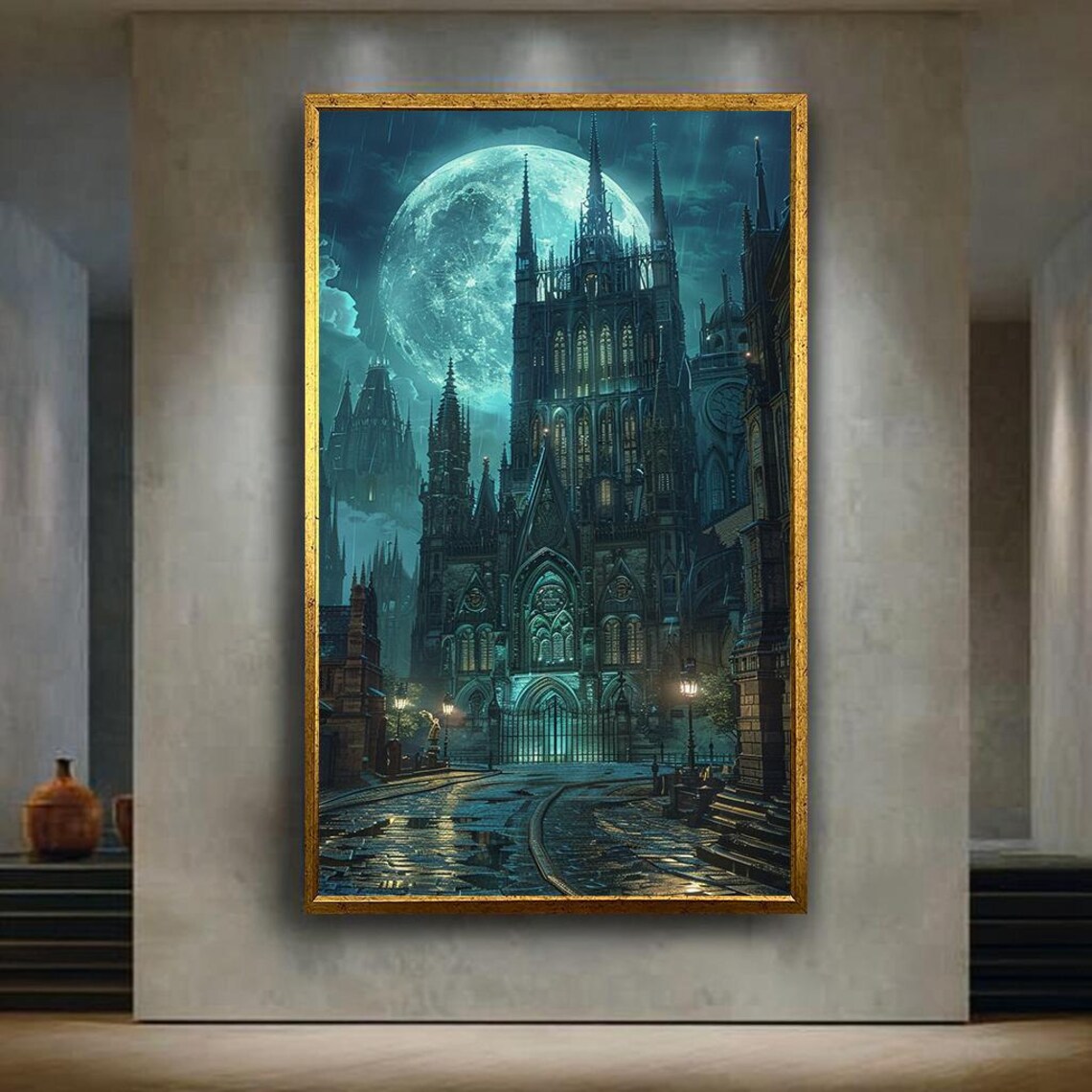 Gothic Cathedral Moonlight Wall Art Dark Fantasy Architecture Canvas Print Spooky Night Poster For Halloween Or Decor Gift