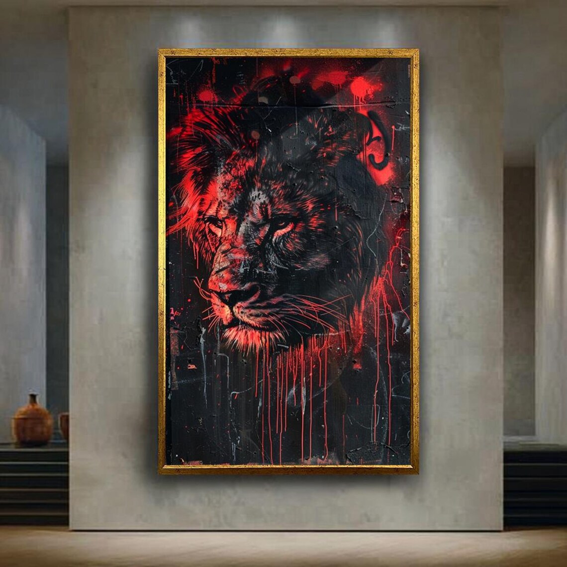 Fierce Red And Black Graffiti Lion Face Urban Street Style Print