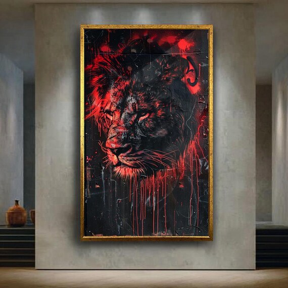 Red Black Lion Graffiti Canvas Wall Art Bold Street Style Animal Print Modern Urban Jungle Artwork For Powerful Home Decor