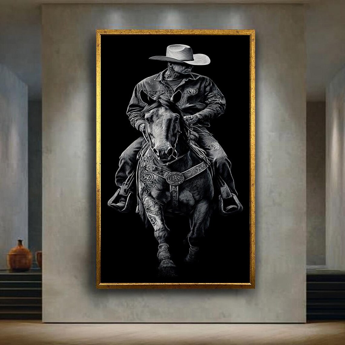 Tattooed Cowboy on Horseback Black and White Western Art Poster