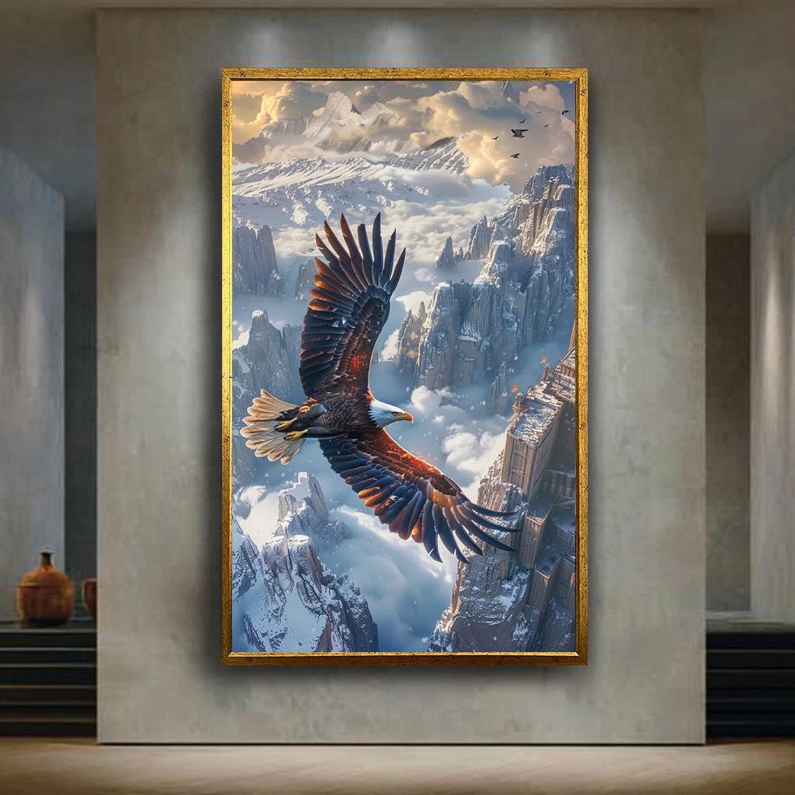 Bald Eagle Soaring Over Snowy Mountain Peaks Wildlife Poster