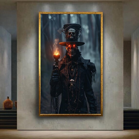 Voodoo Skeleton Sorcerer Canvas Wall Art Dark Mage With Glowing Eyes And Skull Staff Gothic Horror Fantasy Print For Haunted Decor