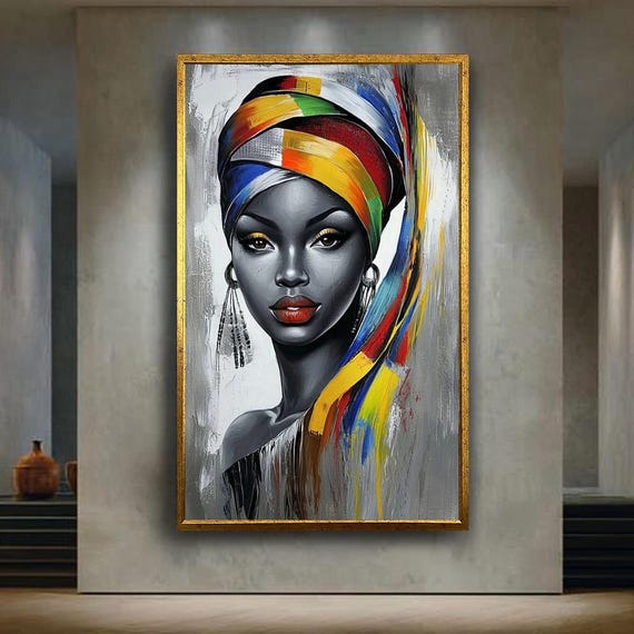 African Woman Canvas Wall Art Print Colorful Headwrap Ethnic Portrait Painting Afrocentric Modern Decor For Living Room Or Studio Space