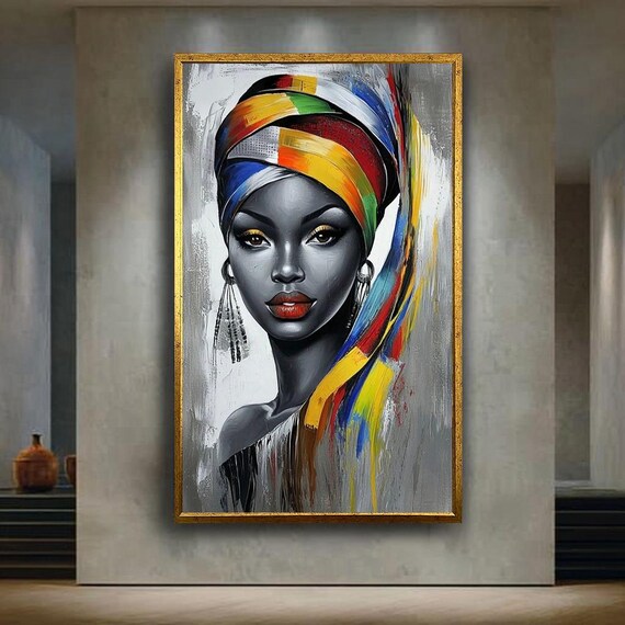 African Woman Rainbow Headwrap Bold Ethnic Portrait Oil Painting Poster