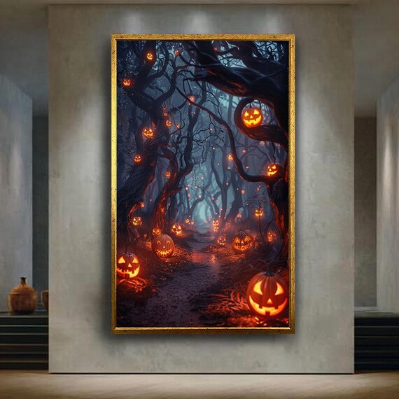 Spooky Halloween Forest Canvas Wall Art With Glowing Jackolanterns Dark Pumpkin Path Print For Gothic Or Fall Home Decor