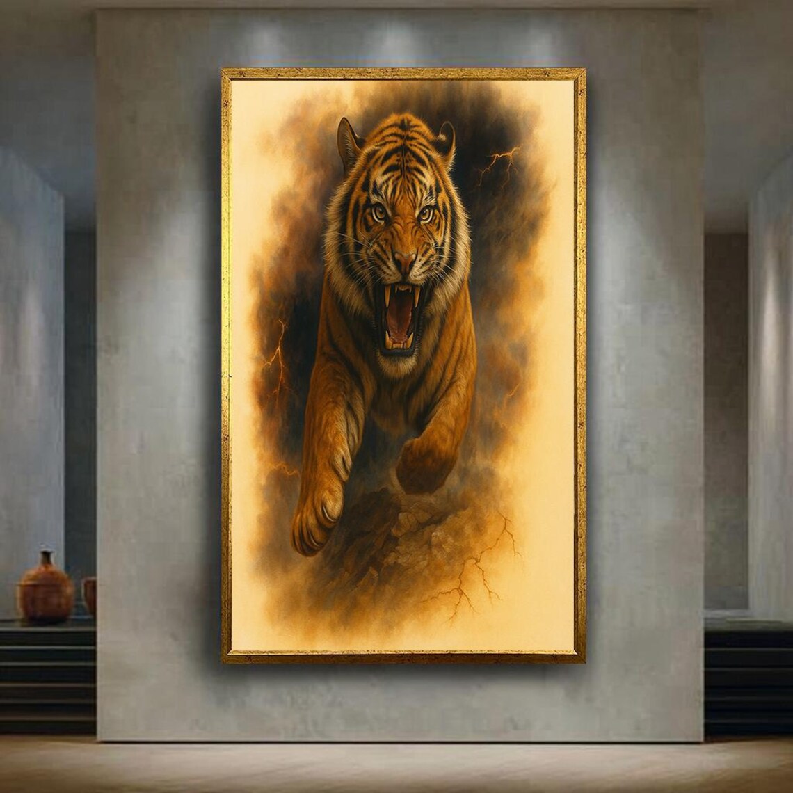 Roaring Tiger Leaping Through Golden Storm Smoke Drama Art Poster