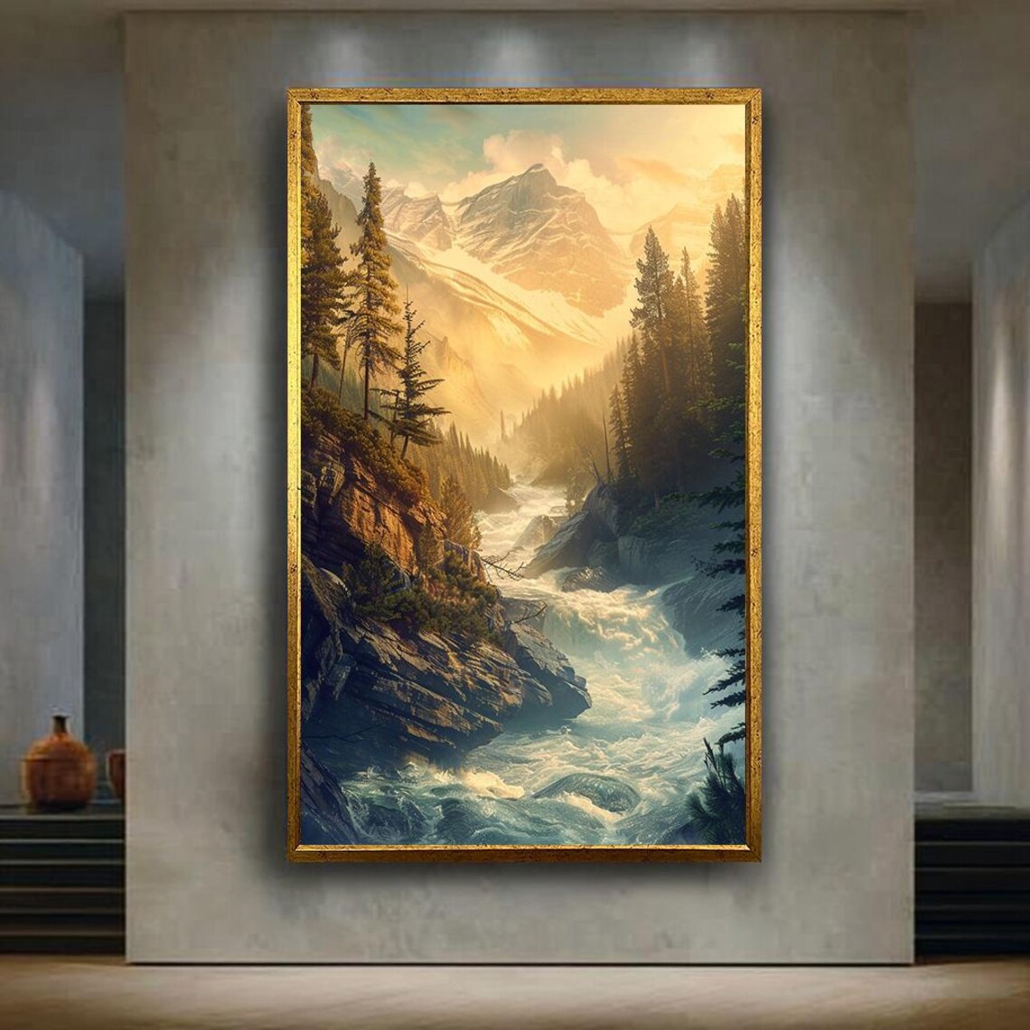 Rushing Mountain River Art Print, Rustic Nature Landscape
