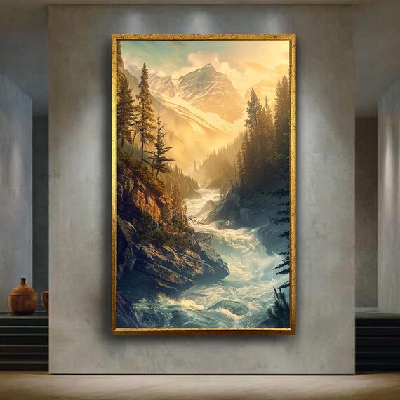 Rushing Mountain River Art Print, Rustic Nature Landscape