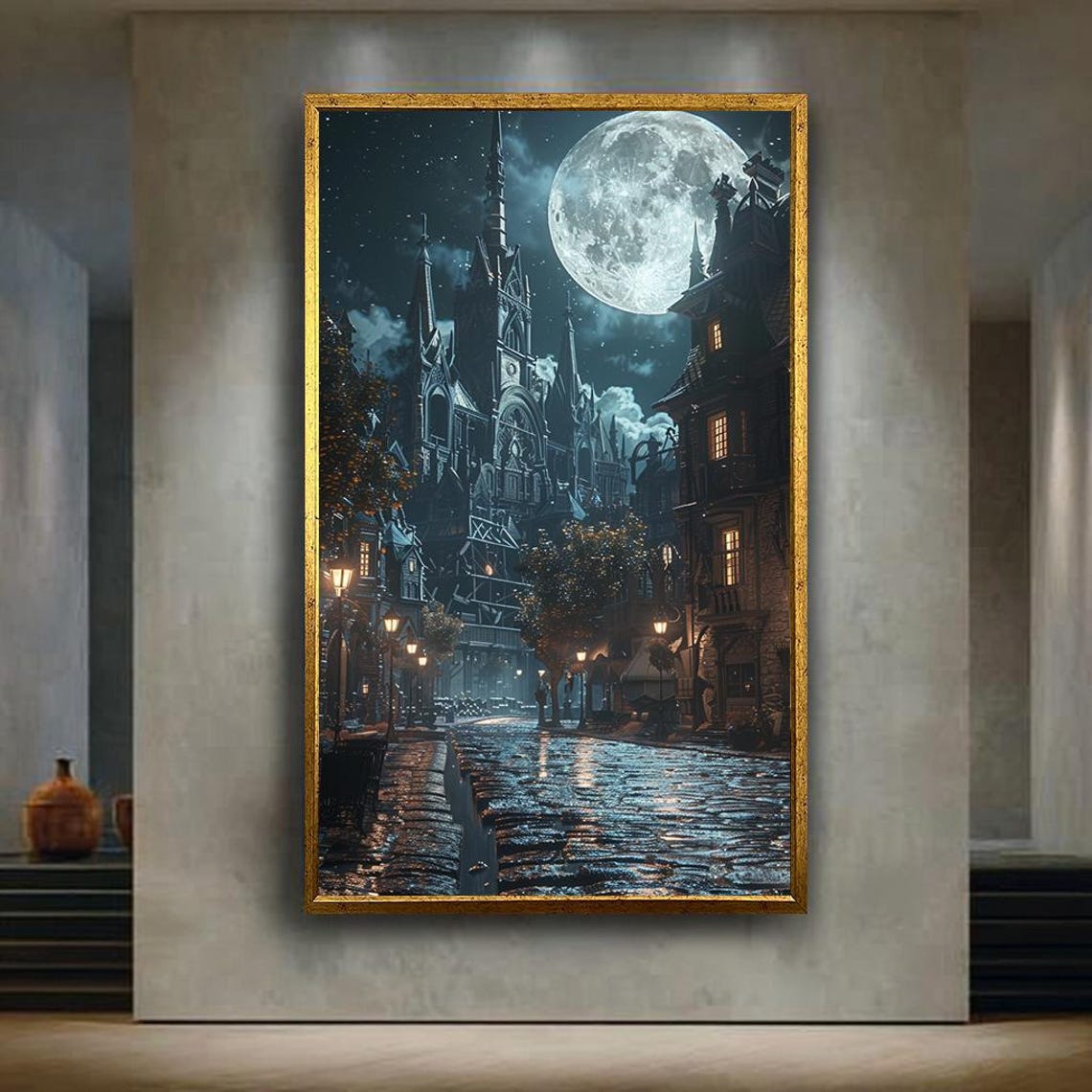 Gothic Moonlit City Street Medieval Fantasy Night Scene Poster