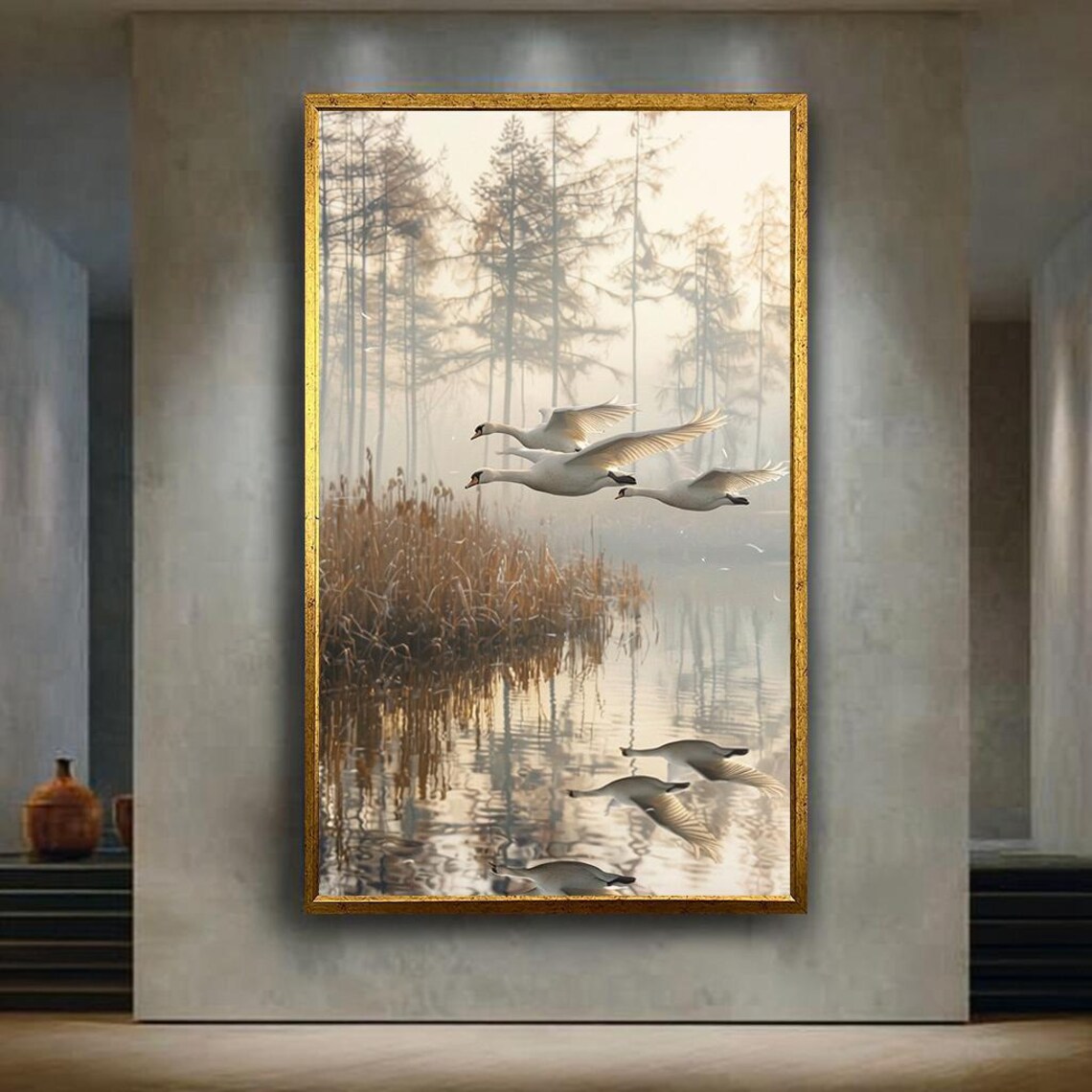 Elegant White Swans Misty Lake Sunrise Flight Pine Forest Nature Print