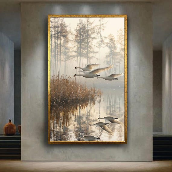 Elegant Swan Flight Canvas Wall Art Print With Misty Lake Reflections Serene Nature Bird Scene For Minimalist And Peaceful Home Decor