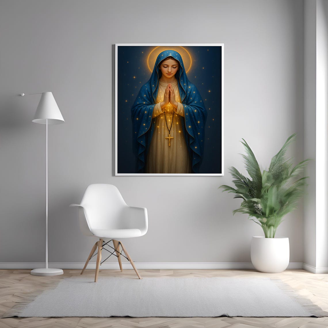 Virgin Mary Praying Rosary Starry Night Blue Mantle Art Poster