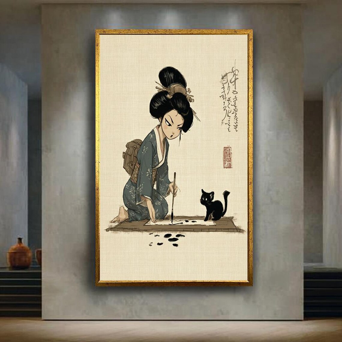 Cute Kimono Girl Painting With Black Cat Japanese Ink Poster
