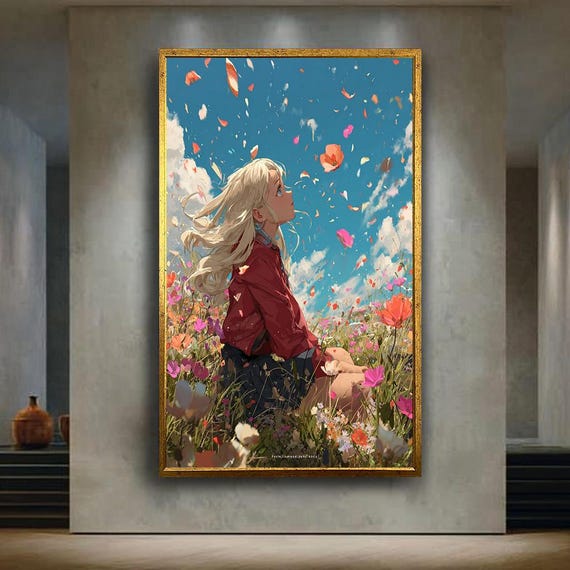 Anime Girl In Flower Field Canvas Wall Art Whimsical Spring Poster Blonde Artwork Japanese Pastel Fantasy Print