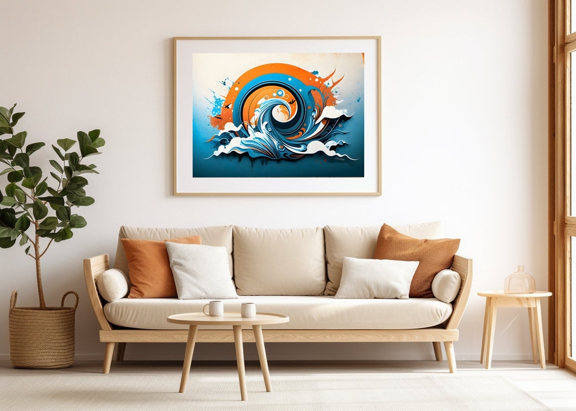 Blue and Orange Ocean Wave Abstract Modern Surf Decor Poster - Image 2