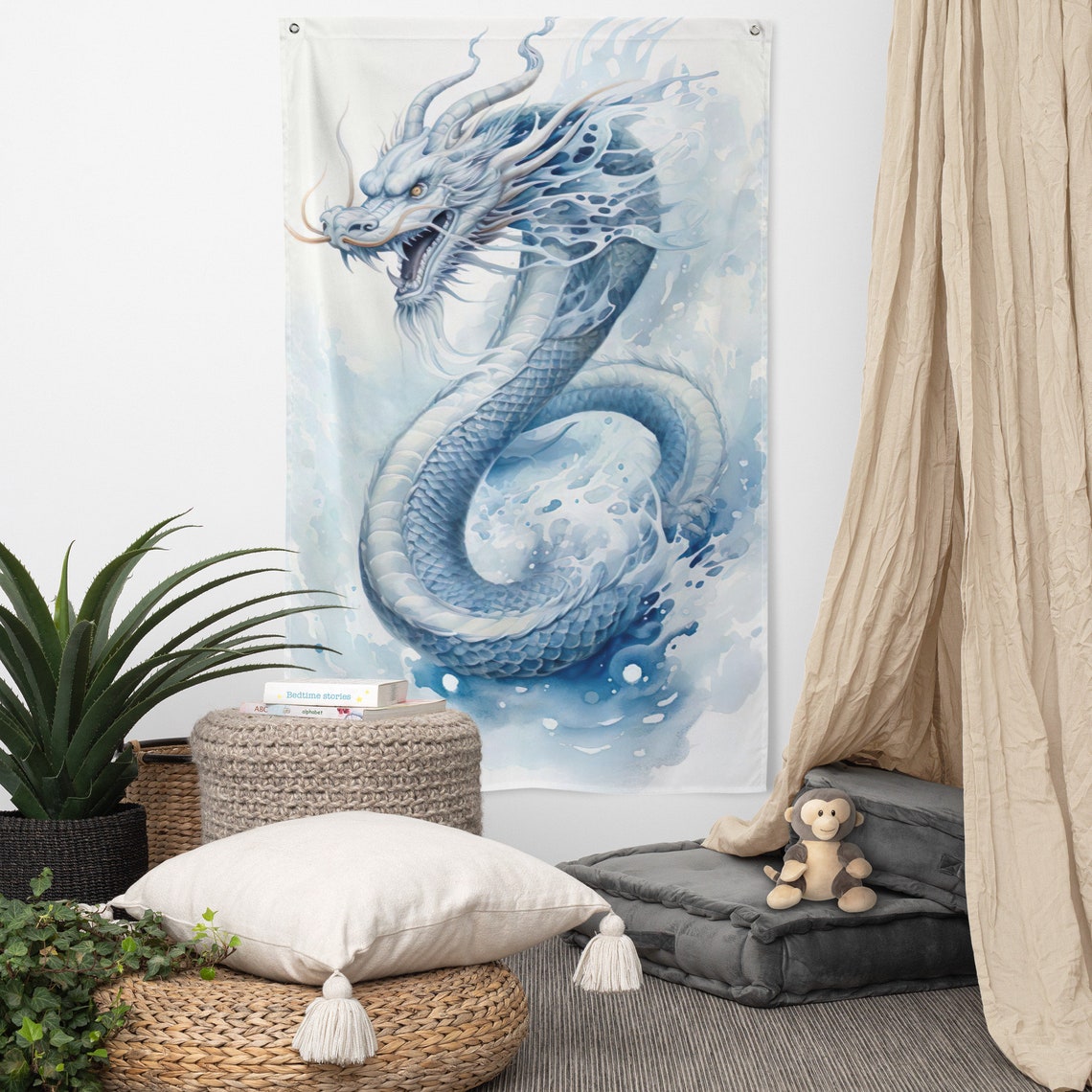 White Chinese Dragon Fabric Wall Tapestry Fantasy Decor Poster - Image 2