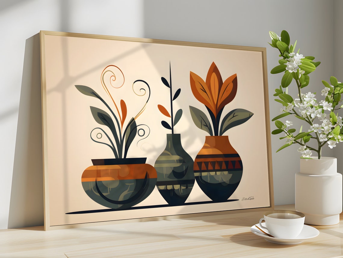 Boho African Vases With Plants Warm Minimalist Home Art Poster