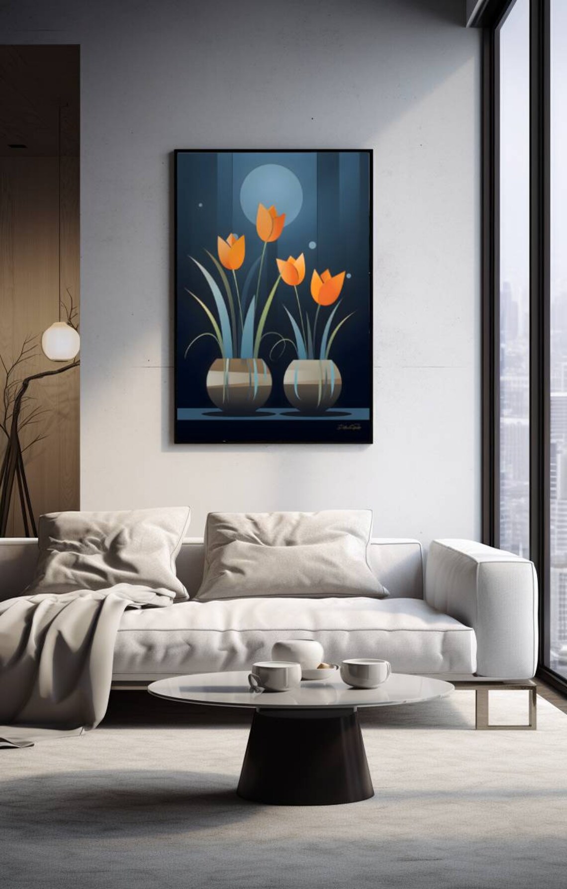 Orange Tulips Night Garden Moonlit Navy Floral Wall Decor Poster - Image 2