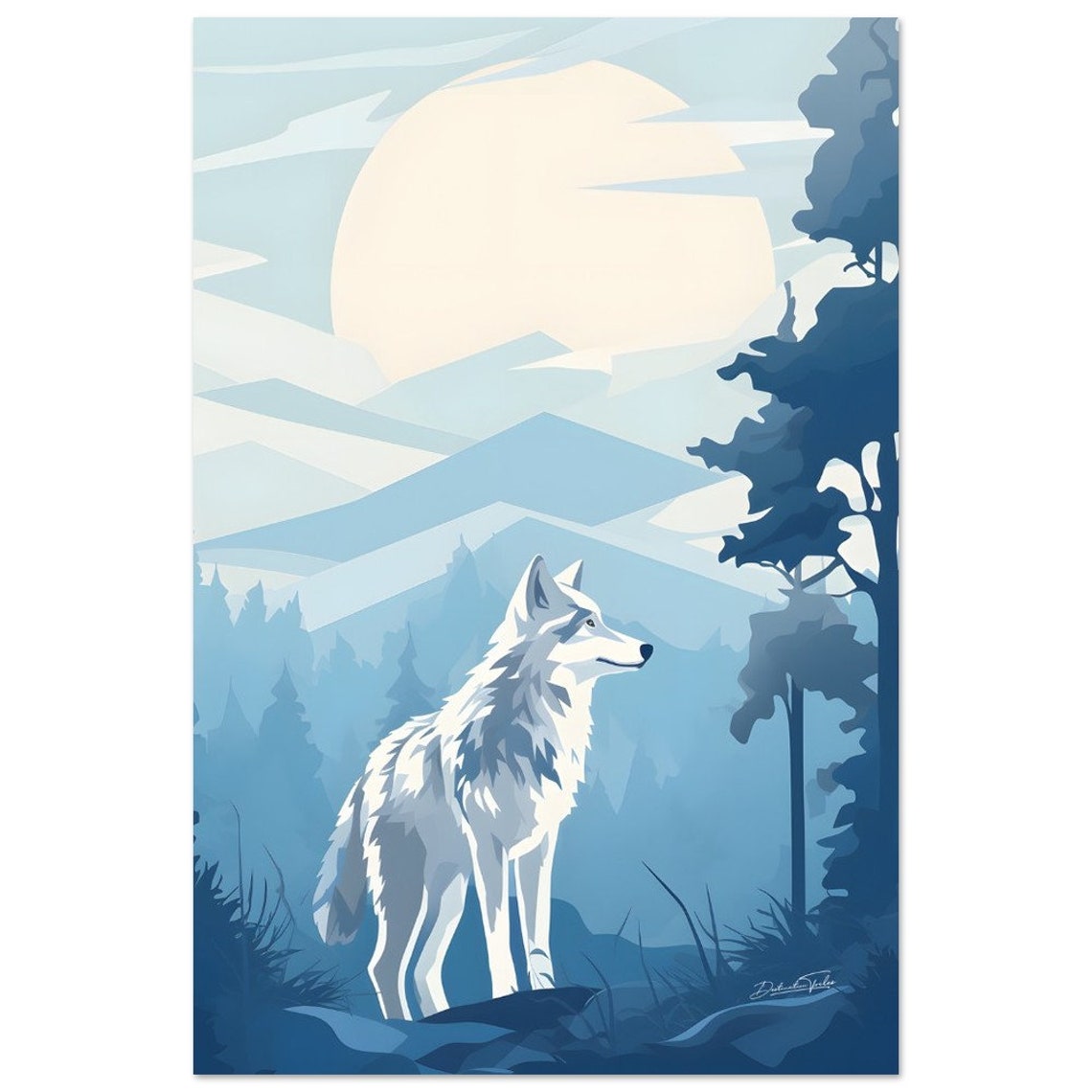 White Wolf Moonlit Blue Forest Wildlife Art Wall Decor Poster - Image 2