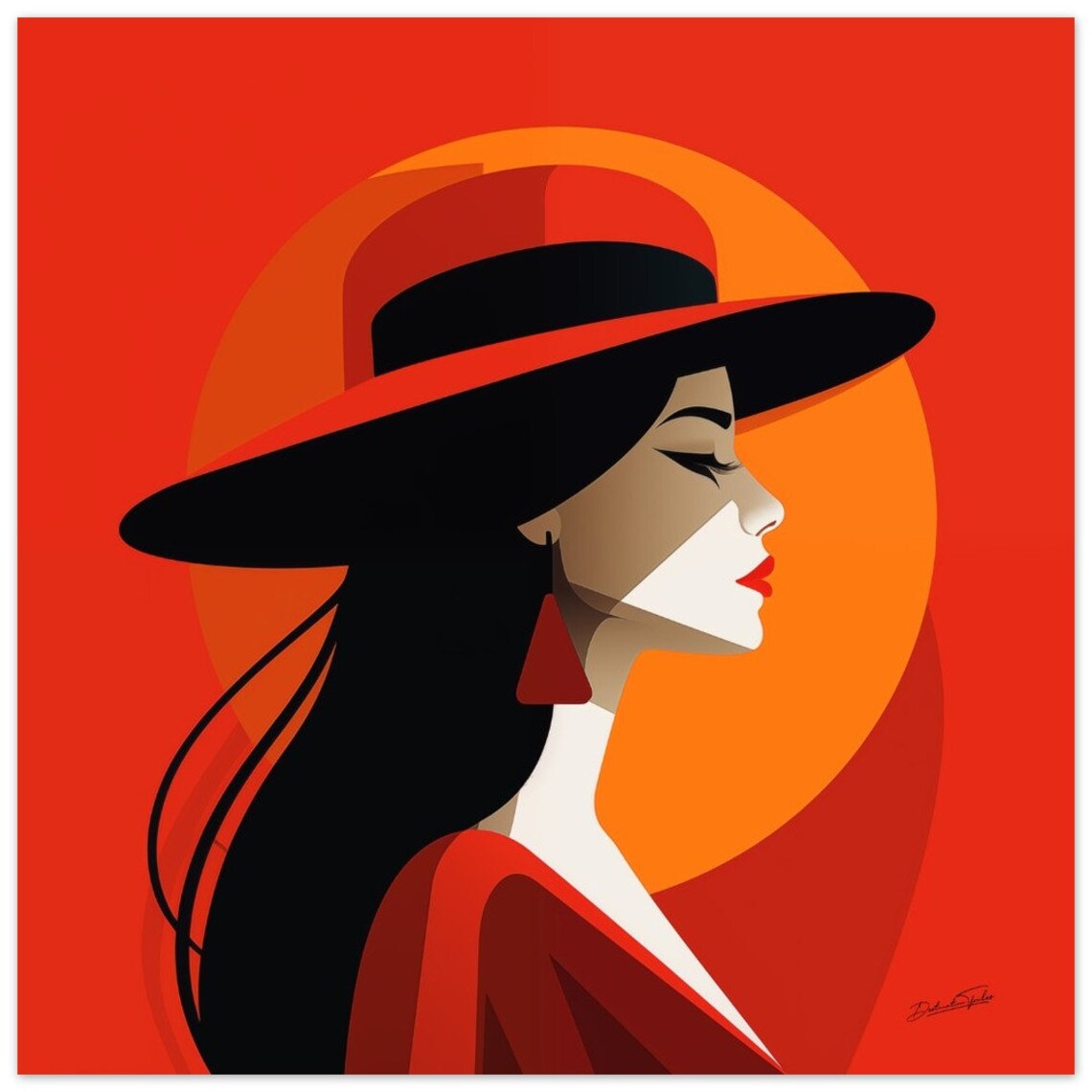 Red Lady With Hat Sunset Geometric Vintage Fashion Art Poster - Image 4