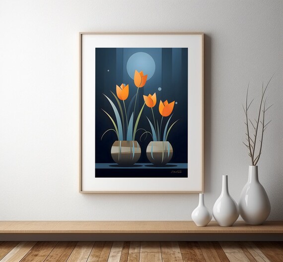 Orange Tulips Night Garden Moonlit Navy Floral Wall Decor Poster