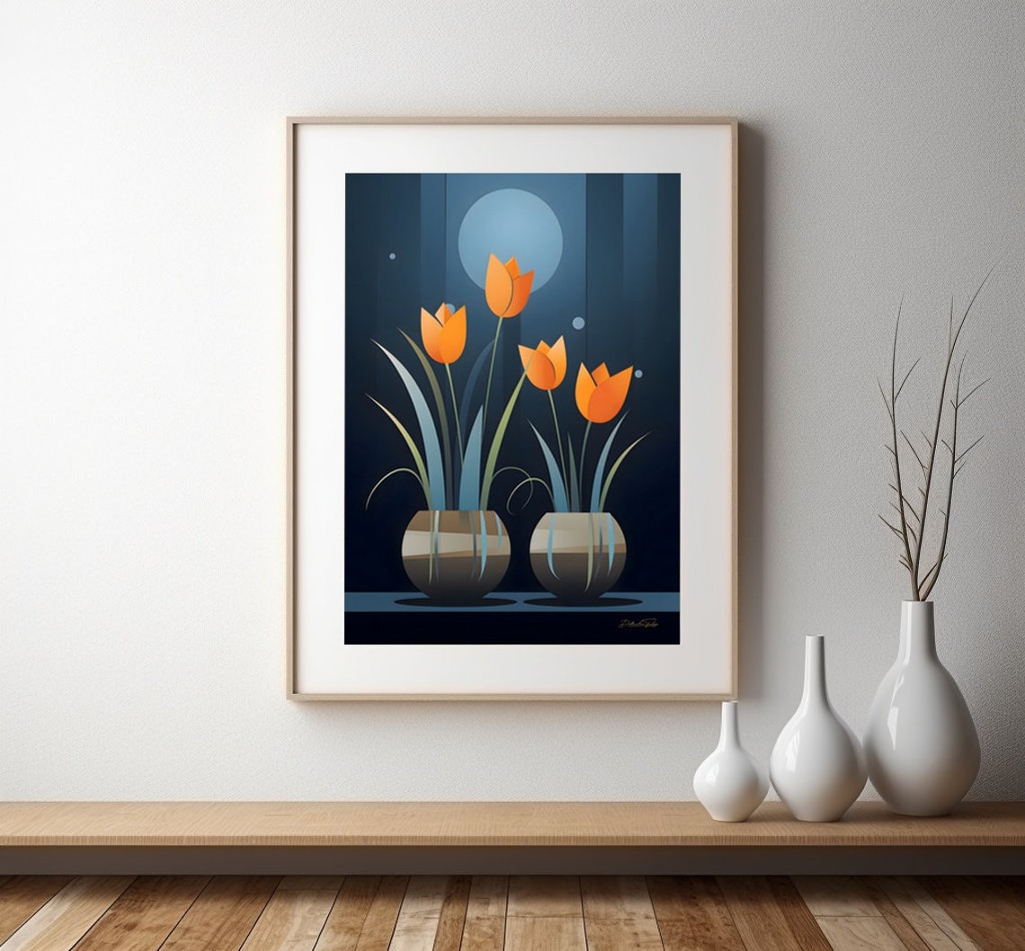 Orange Tulips Night Garden Moonlit Navy Floral Wall Decor Poster