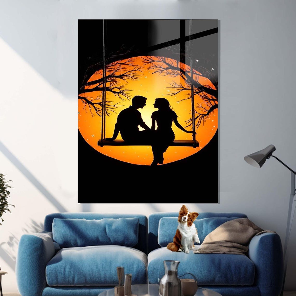 Romantic Couple Swing Silhouette Against Orange Full Moon Night Art