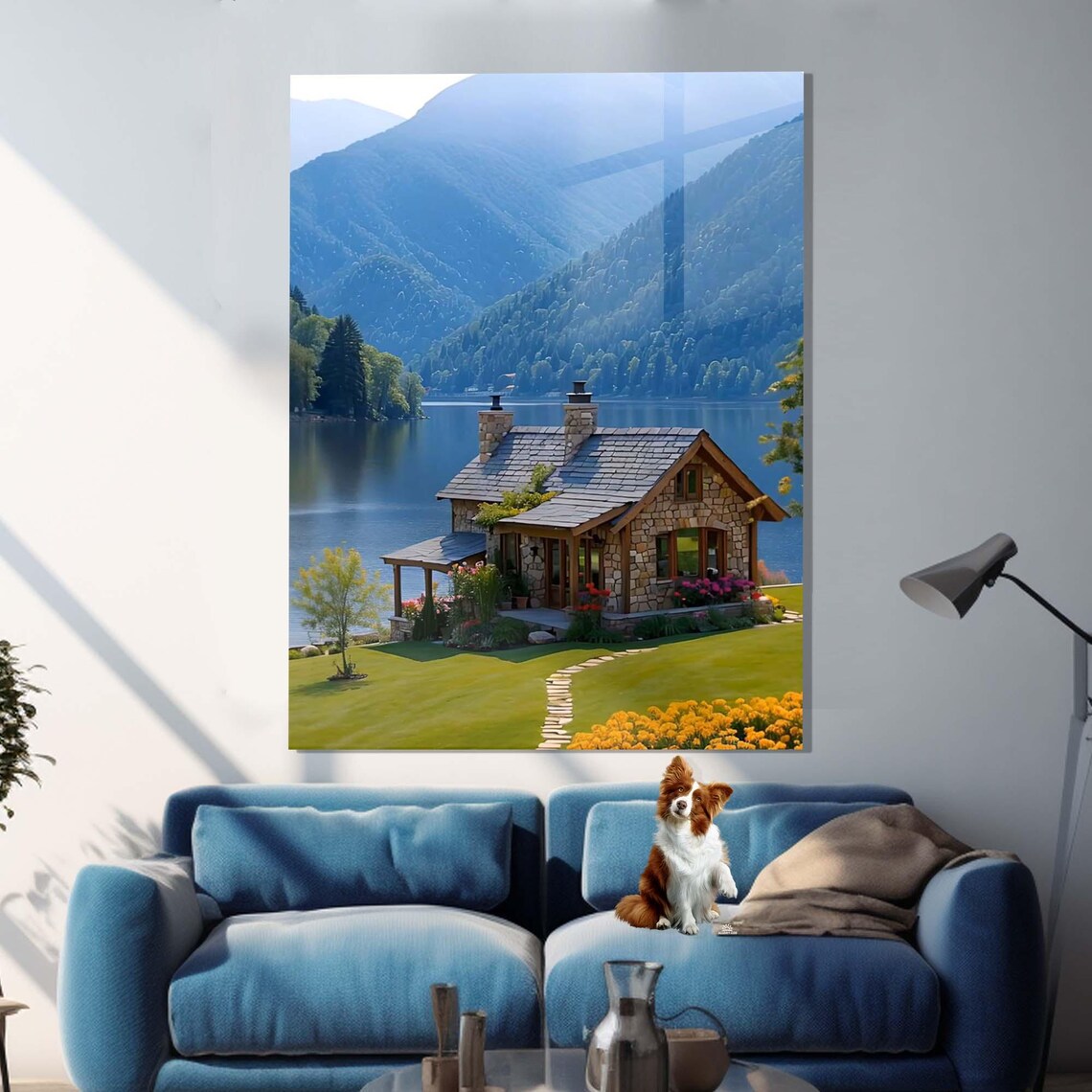 Stone Lake House By Mountain Lake With Misty Blue Peaks Cozy Wall Art - Image 3