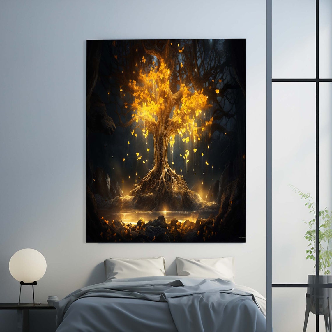 Glowing Golden Tree of Life Dark Cave Magical Light Wall Art