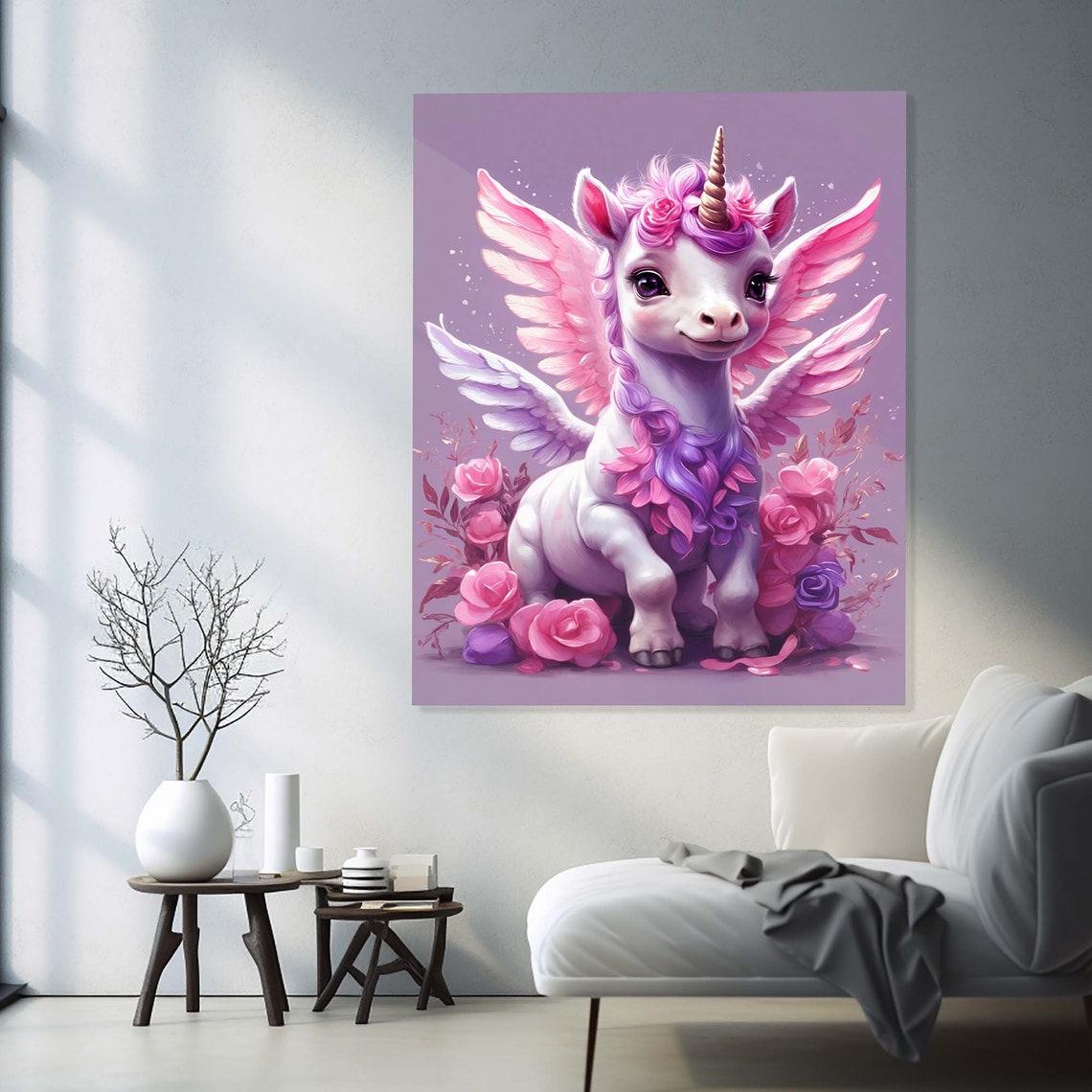 Cute Baby Winged Unicorn Pink Purple Mane Roses Fantasy Wall Art - Image 2
