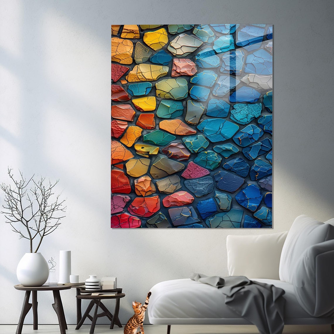 Rainbow Cracked Stones Colorful Mosaic Pattern Abstract Wall Art