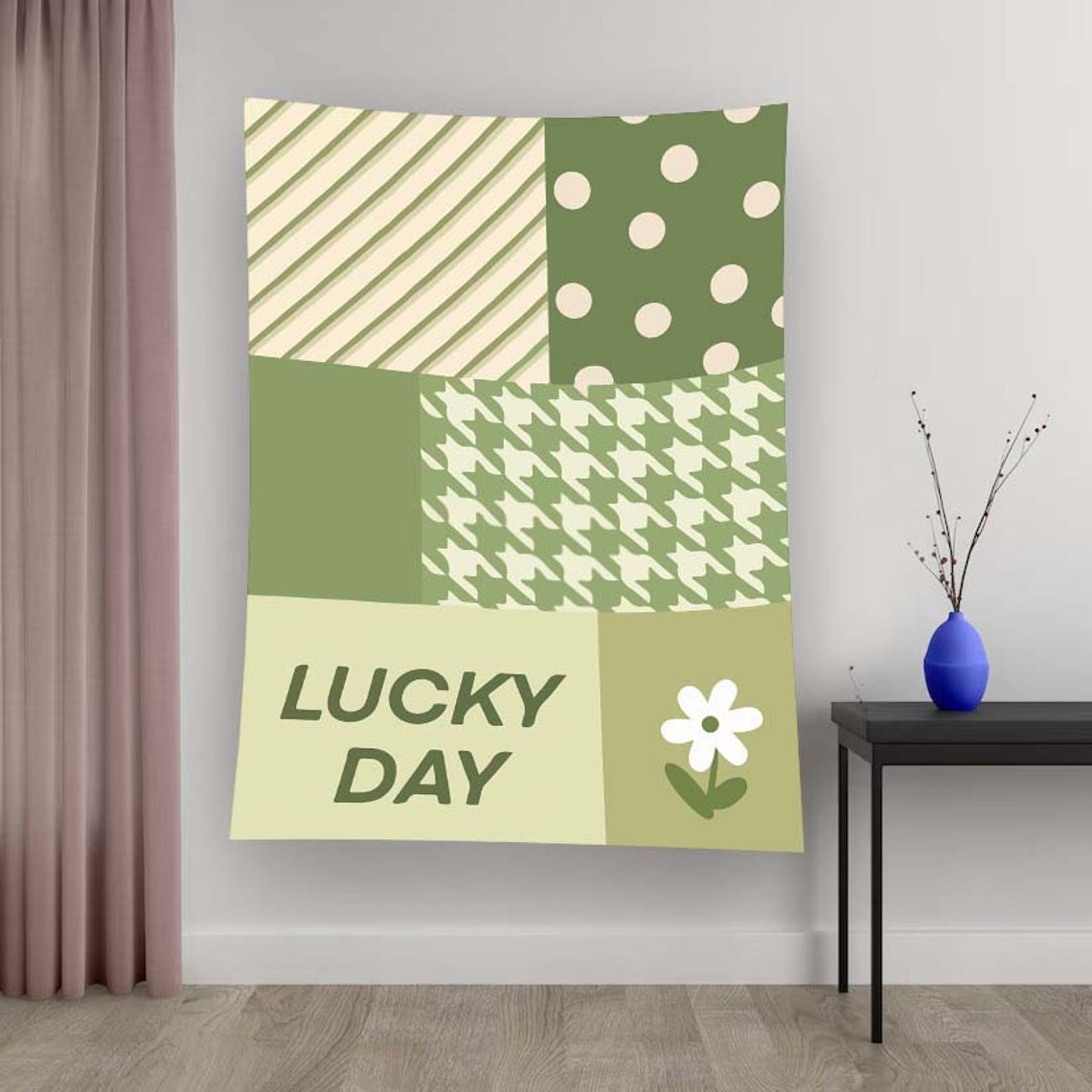 Green Patchwork Lucky Day Daisy Geometric Modern Tapestry Poster - Image 2