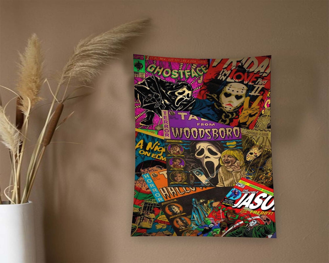 Horror Movie Villains Comic Collage Retro Pop Art Tapestry Wall Art - Image 2