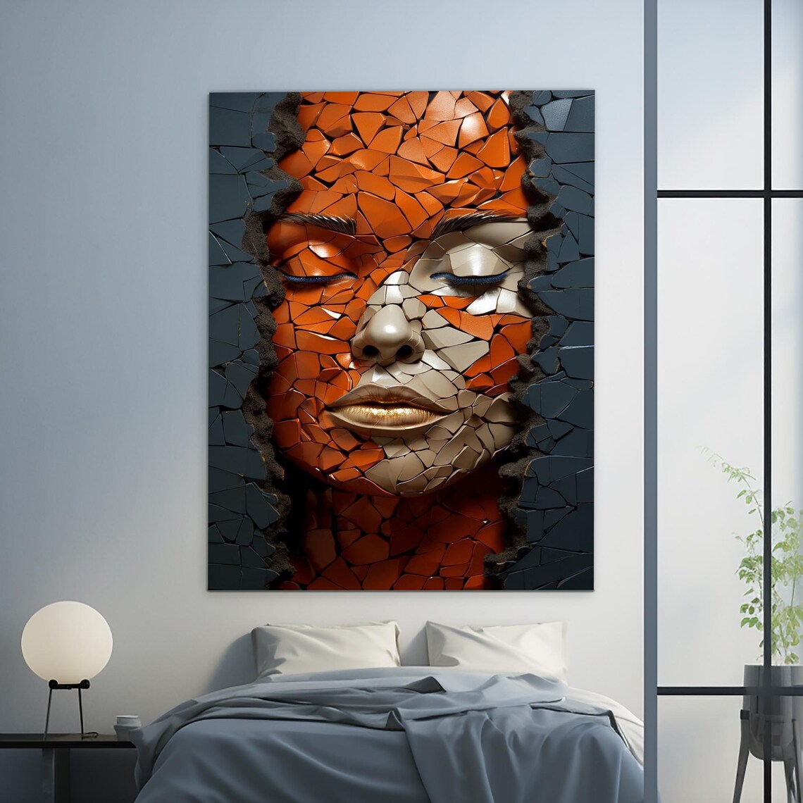 Mosaic Cracked Tile Woman Face Orange Portrait Modern Gallery Poster