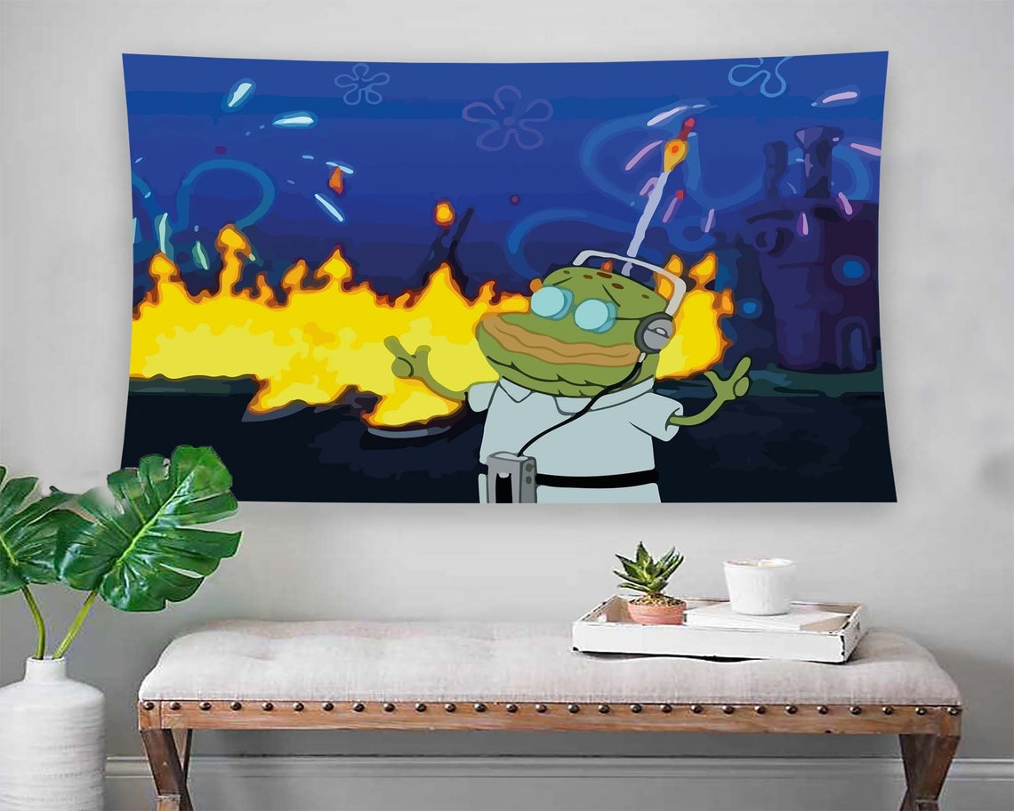 Old Man Jenkins SpongeBob Funny Meme Burning Car Cartoon Wall Art