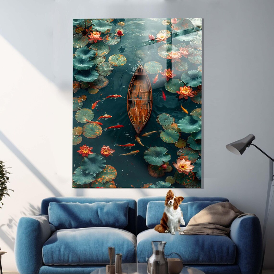 Aerial View Of Wooden Boat Among Lotus Lilies And Koi Fish Pond Art - Image 2
