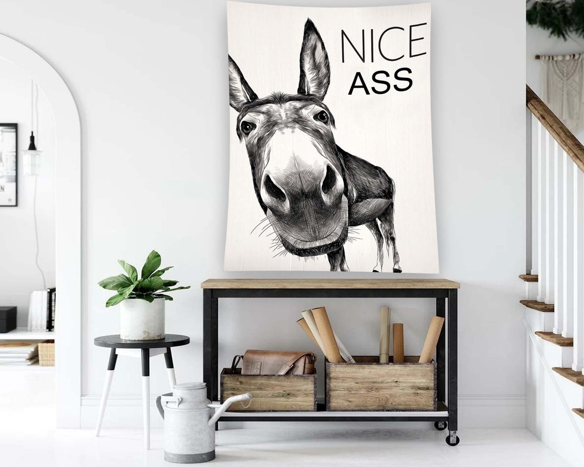 Funny Donkey Face Nice Ass Quote Black White Tapestry Wall Art - Image 2