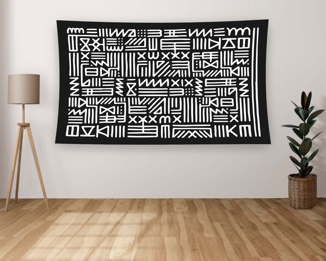 Black White Tribal Mudcloth Pattern Wall Hanging Tapestry Wall Art