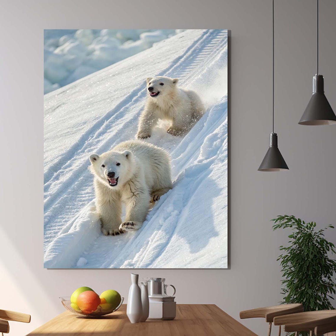 Polar Bear Cubs Sliding Snow Arctic Wildlife Nursery Wall Art