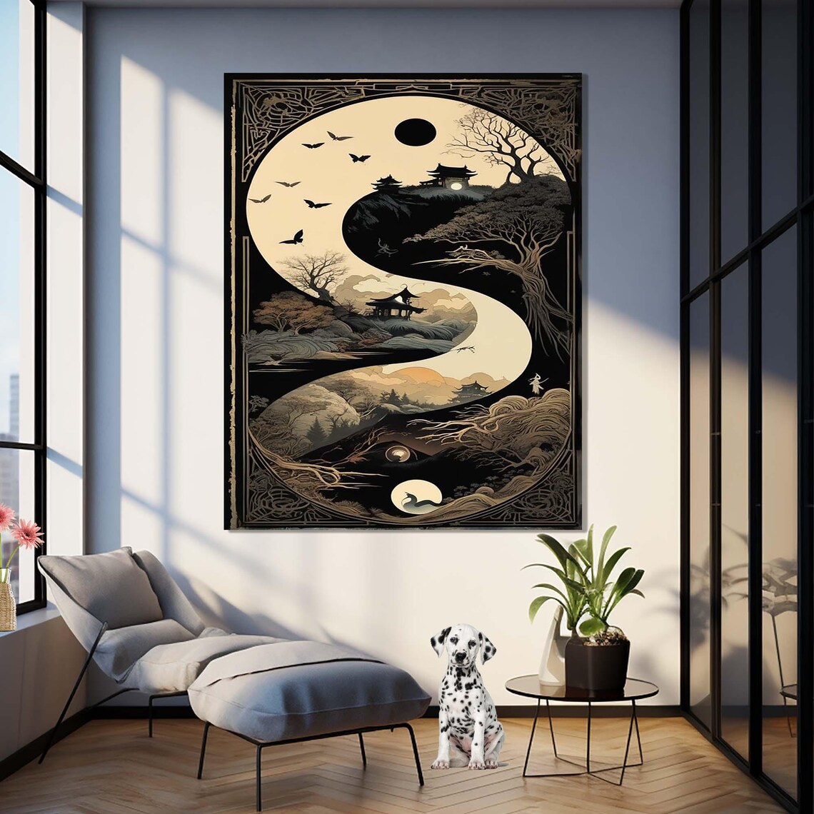 Yin Yang Japanese Landscape With Pagoda Moon And Birds Black Gold Art - Image 3