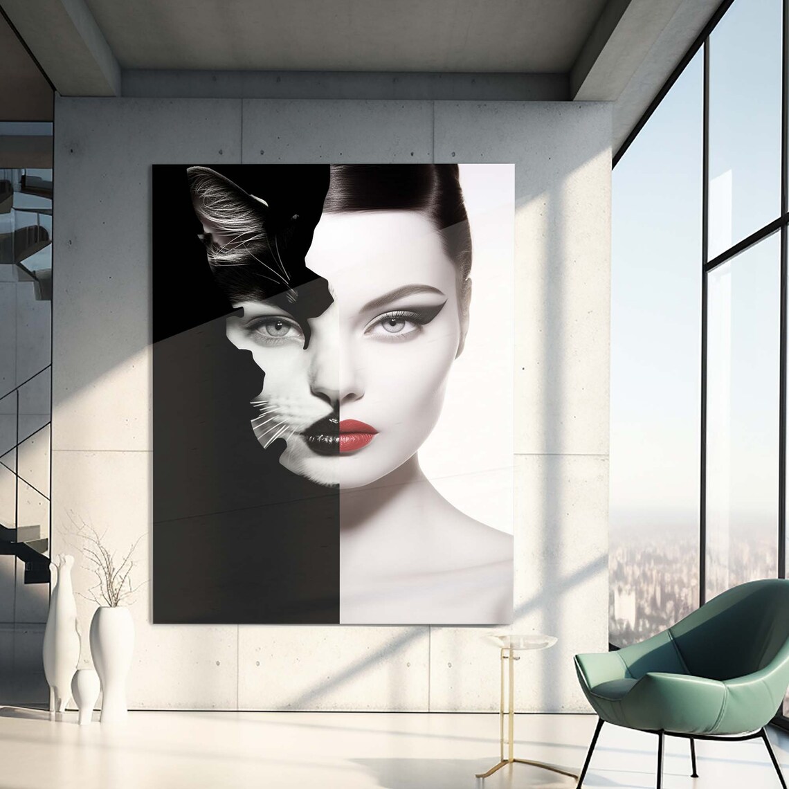 Woman and Cat Face Fusion Black White Fashion Portrait Wall Art - Image 3
