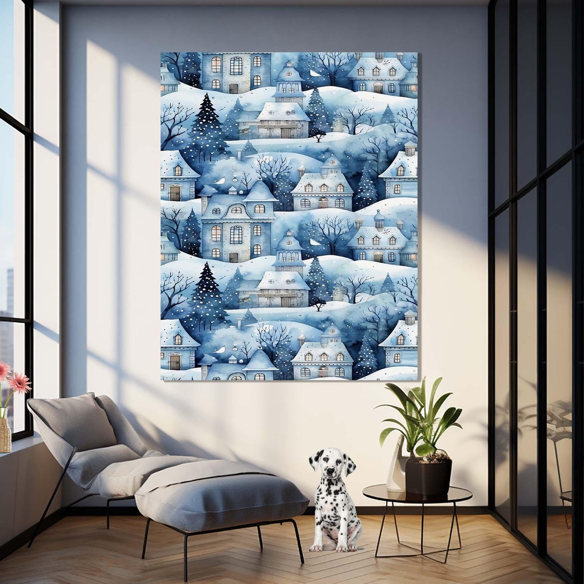 Snowy Village Watercolor Winter Town Blue Christmas Art Print - Image 3