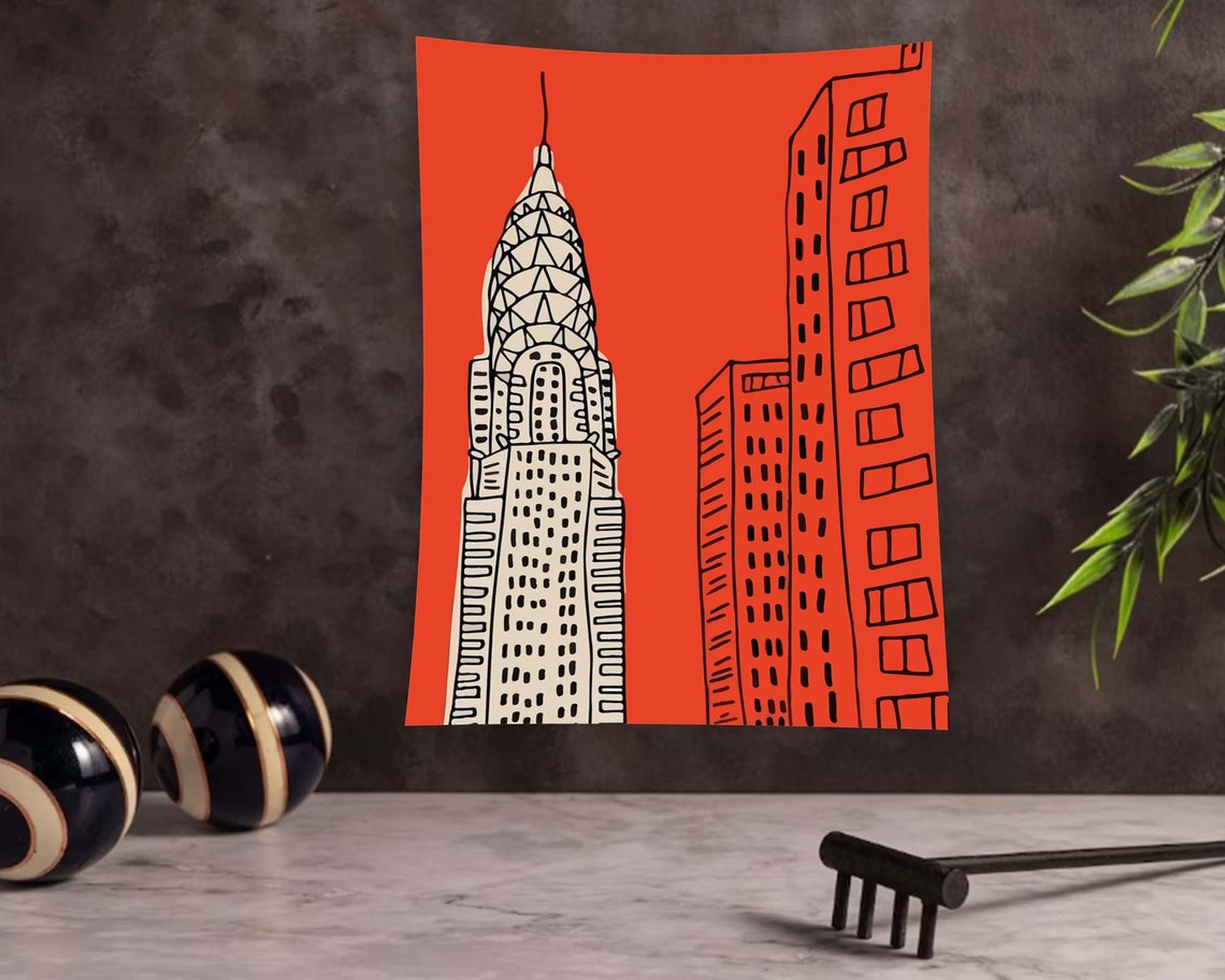 New York City Chrysler Building Red Skyline Line Art Travel Poster