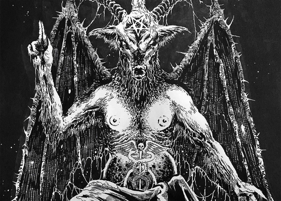 Black White Baphomet Goat Demon Wings Occult Art Tapestry Wall Art - Image 3