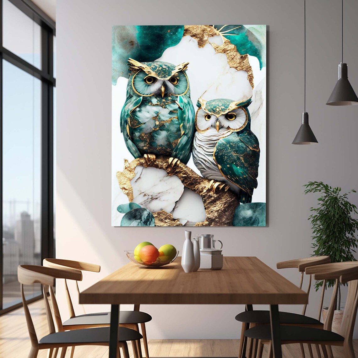 Two Owls Teal Gold Marble Branch Elegant Wildlife Wall Poster