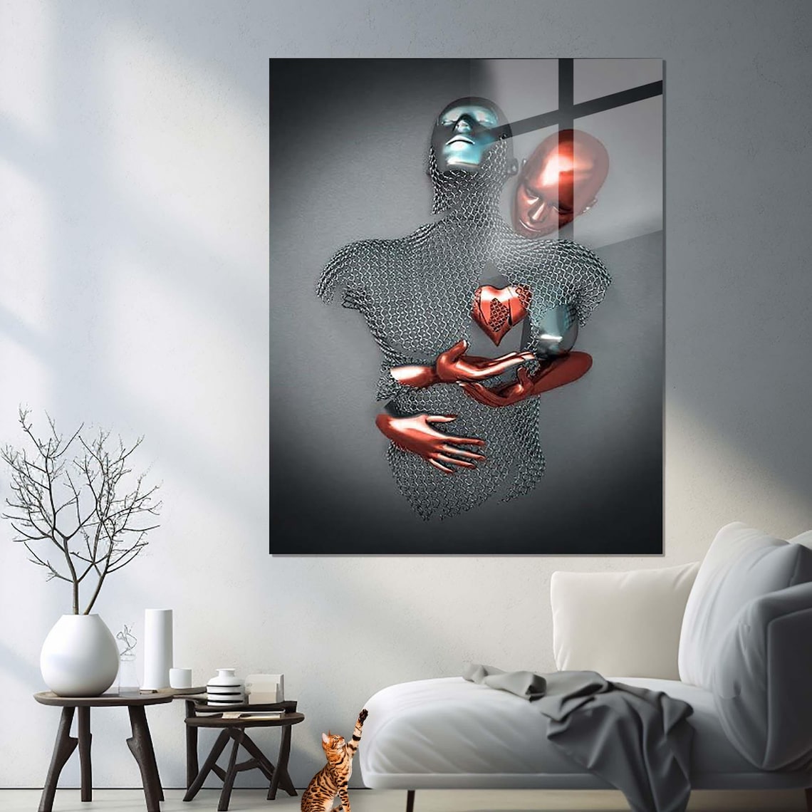 Metallic Lovers Embrace Heart Sculpture Romantic Modern Art Poster